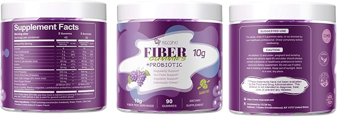 Migcopat 10G Fiber Gummies with 30 Billion CFU Probiotics, Grape Flavor, Bloating Support, Fiber Supplement with Vitamin C, ACV, Inulin, Sugar Free, 180 Count