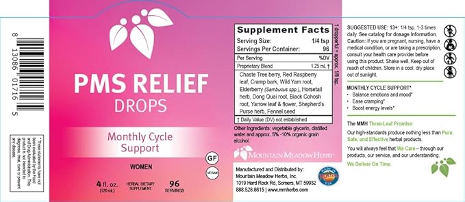 Mountain Meadow Herbs PMS Relief Drops | Liquid Herbal Supplement for Menstrual Period Discomfort | Hormonal Support for PMS Cramps, Mood Swings & Acne with Chaste Tree Berry (Vitex) & Wild Yam 4oz