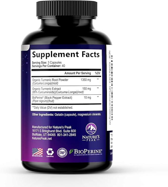 Turmeric Curcumin Supplement - 1350mg Organic Turmeric Per Serving - 95% Curcuminoids & BioPerine Black Pepper Extract for Best Absorption - Natural Vegan Joint Support, Bottled in USA - 120 Capsules
