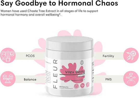 FLEUR Vitex Capsules, Vitex Chasteberry for Hormone Balance for Women, PCOS Supplement Helps Maintain Progesterone Level for Menstrual Cycle Support, Fertility & PMS Support, 500mg, 60Ct