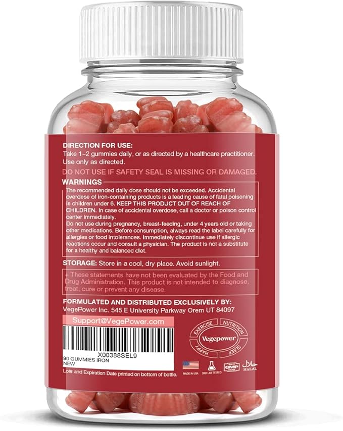Vegan Iron Gummies Supplement - Multivitamin Supplement with Vitamin C, A, B & Zinc - Health Blood & Energy Support for Iron Deficiency, Anemia, No After Taste - Peach Flavor(2 Packs)