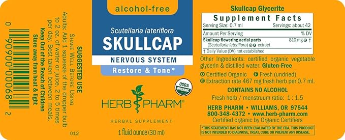 Herb Pharm Certified Organic Skullcap Liquid Extract for Nervous System Support, 1 Fl Oz
