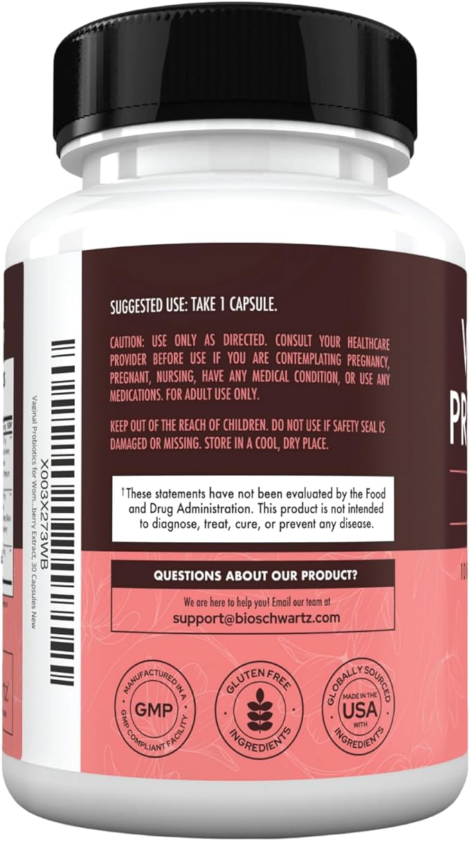 BioSchwartz Vaginal Probiotics for Women Supplement with Prebiotics Lactobacillus Crispatus - Supports Women's Health by Promoting Healthy Vaginal Odor, Flora, PH Balance - 30 Day Supply, 30 Capsules