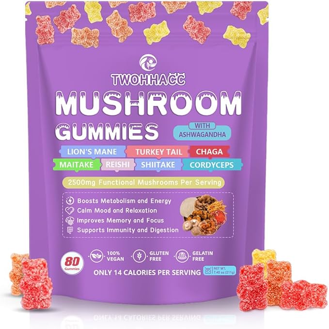 Mushroom Complex Gummies Mushroom Supplement with Ashwagandha and Lions Mane, Reishi, Cordyceps, Maitake, Shitake, Chaga and Turkey Tail Nootropic Gummies for Focus, Energy, Memory and Immune Health