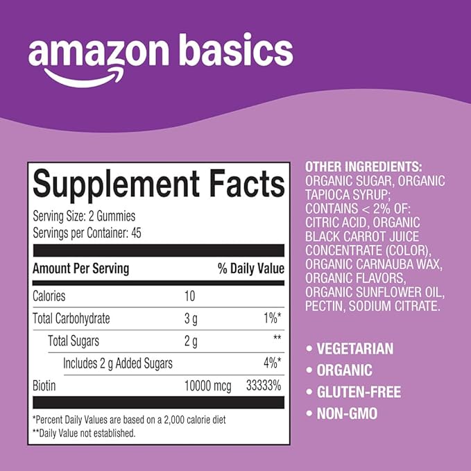 Amazon Basics Biotin 10,000mcg Gummy, 90 Count