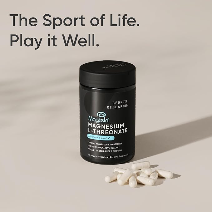 Sports Research® Magnesium L-Threonate Capsules 2000mg - High-Absorption Magtein® for Enhanced Brain Health, Memory, Focus & Restful Sleep Support - Vegan · Non-GMO · Gluten Free - 90 Count
