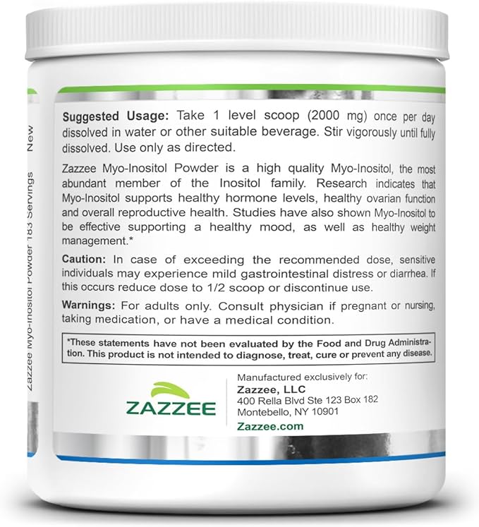 Zazzee Myo-Inositol Powder, 6 Month Supply, 183 Servings, 2000 mg per Serving, Free Scoop for Exact Dosage, 12.91 Ounces, Certified Kosher, 100% Pure, Fertility & Reproductive Support, Made in the USA