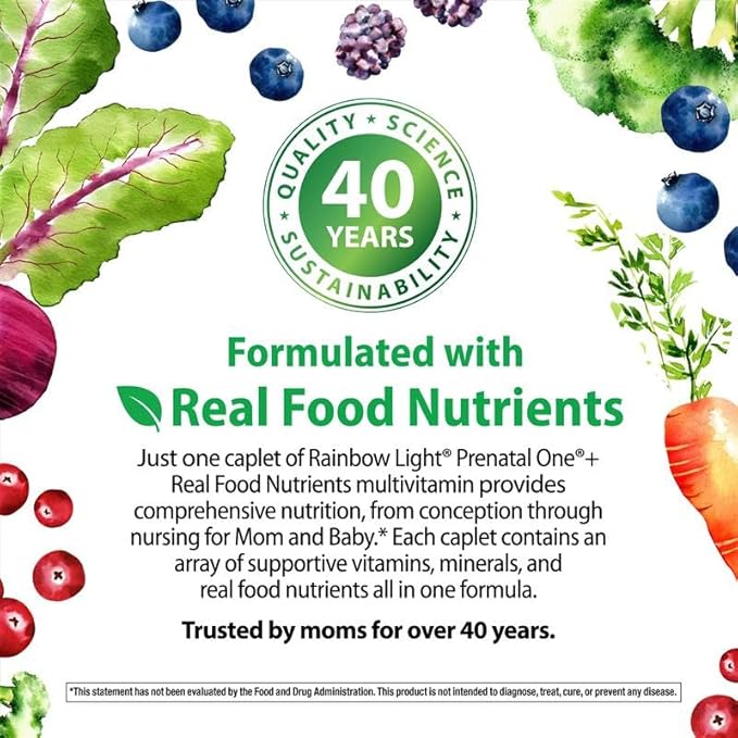 Rainbow Light Prenatal Multivitamin One + for Women | 60 Caplets | Essential Nutrition for Mom & Baby | Real Food Nutrients | Prenatal Botanical & Probiotic Blend