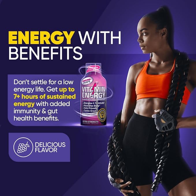 Vitamin Energy Immune+ Extra Strength Energy Shot Grape 24 Pack, 260mg Natural Caffeine, B-Vitamins, Citicoline, Green Tea, Immunity & Focus Support, Zero Sugar, Gluten-Free 1.93 fl oz