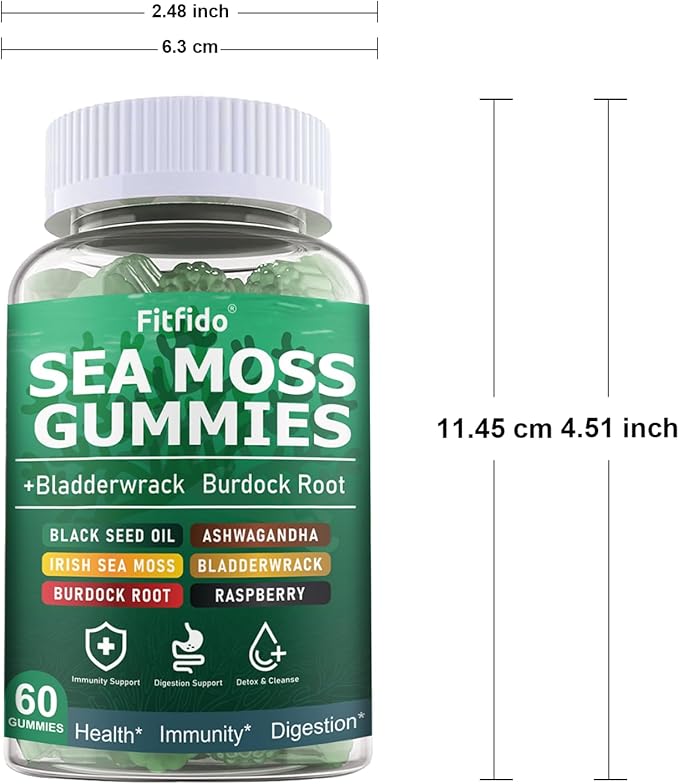 Irish Sea Moss 3000mg Gummies with Bladderwrack, Burdock Root & Manuka Honey - Immune, Thyroid & Detox Support - Seamoss Supplement, Extra Strength - Sugar Free & Vegan (60 Count, Raspberry)