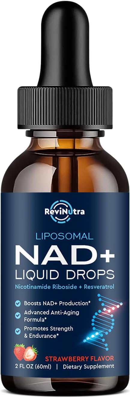 Liposomal NAD Supplement - 1200mg NAD+ Liquid Drops for Women & Men, Nicotinamide Riboside with Resveratrol, PQQ, CoQ10, Quercetin for Anti-Aging, Brain & Cellular Mitochondrial, Strawberry 4 Fl Oz