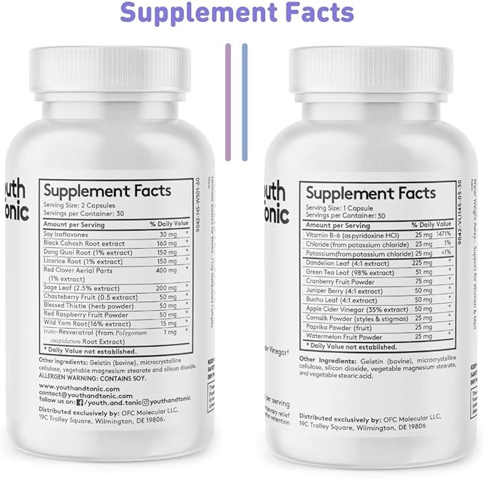 Youth & Tonic PMS & Menopause Bloating Relief Duo – Support for Puffiness, Hormonal Balance & Fluid Retention – Her Hormone Balance + Water Weight Away Natural Herbs for Women, 90 Capsules