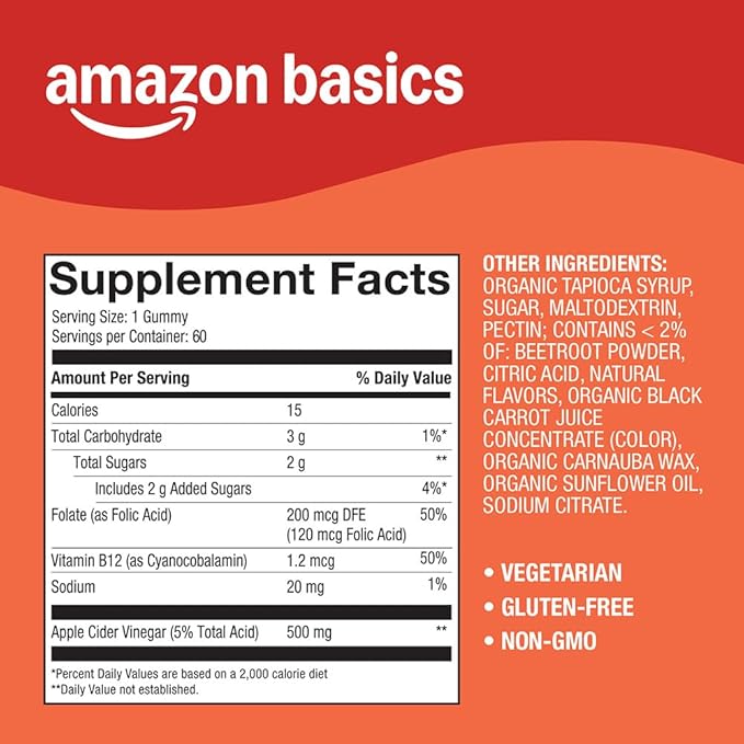 Amazon Basics Apple Cider Vinegar 500 mg Gummy, 60 Count