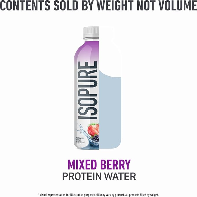 Isopure Clear Protein Water with Electrolytes, 15g Whey Protein Isolate, Zero Sugar, Mixed Berry, 20 fl oz Bottle, 1 Count