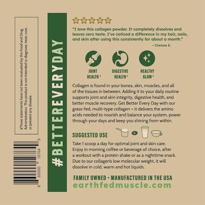 Earth Fed Muscle Collagen Peptides Powder – Unflavored Collagen Protein Powder for Women & Men | Supports Hair, Skin, Nails, Joints & Recovery | Sugar & Gluten-Free, Keto Friendly, 20g Per Serving