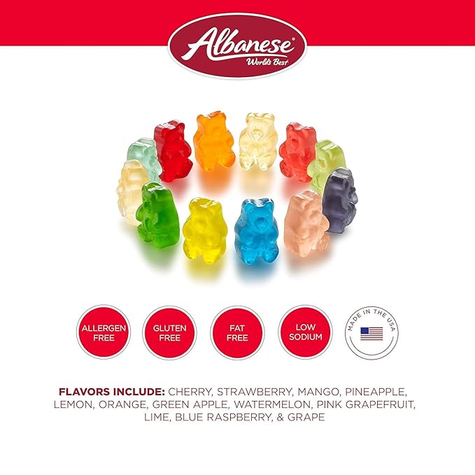 Albanese World's Best 12 Flavor Gummi Bears, Low Sodium, Fat Free, Gluten Free, 1 Ounce Bag of Candy (Pack of 200)