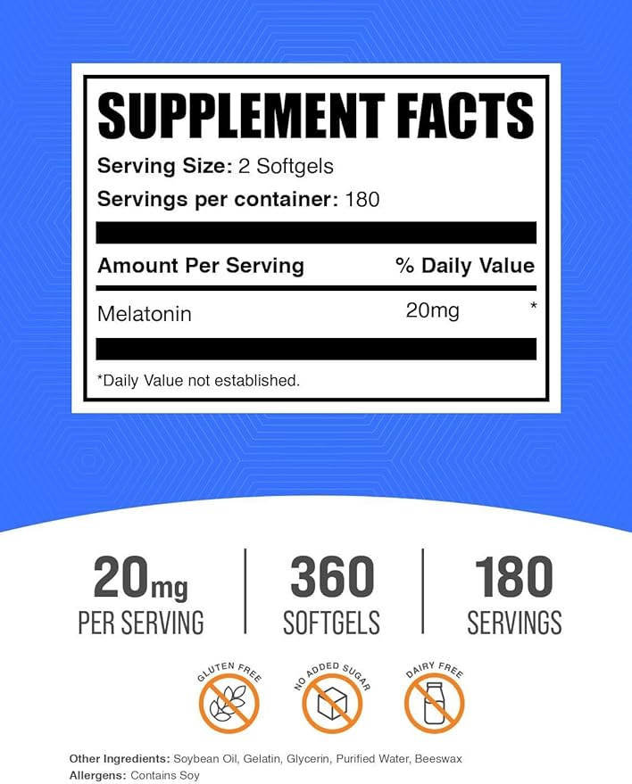 BulkSupplements.com Melatonin 20mg Softgels - 2 Softgels per Serving, 360 Count (Pack of 1)