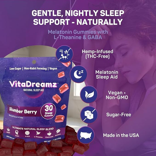 Premium Melatonin Sleep Gummies | Advanced Nighttime Blend with GABA, L-Theanine & Chamomile | Slumber Berry Vegan Gummies for Calm Relaxation & Restful Sleep | 30 Count