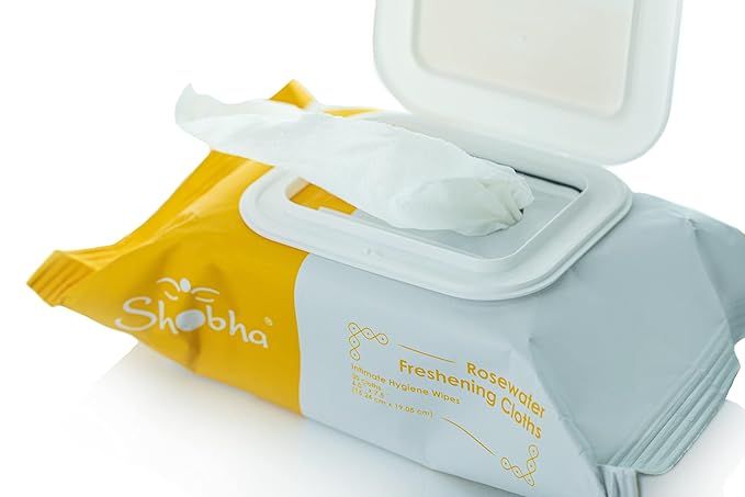 Shobha Rosewater Freshening Cloths – Cleansing Face & Body Wipes – Intimate Hygiene Wipes Ideal Before & After Hair Removal – Suitable for Sensitive Facial Skin & Bikini Area, 30 Count