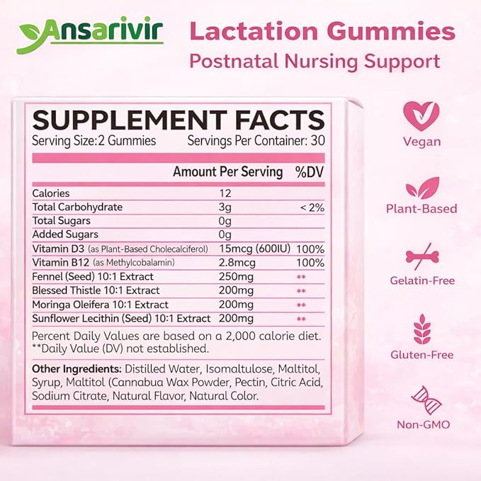 Lactation Supplement Gummies – Powered by Moringa, Fennel, Sunflower Lecithin, Milk Thistle, Blessed Thistle, Plus Vitamins D3 & B12 – 60 Gummies for Breastfeeding Support & Milk Supply Boost