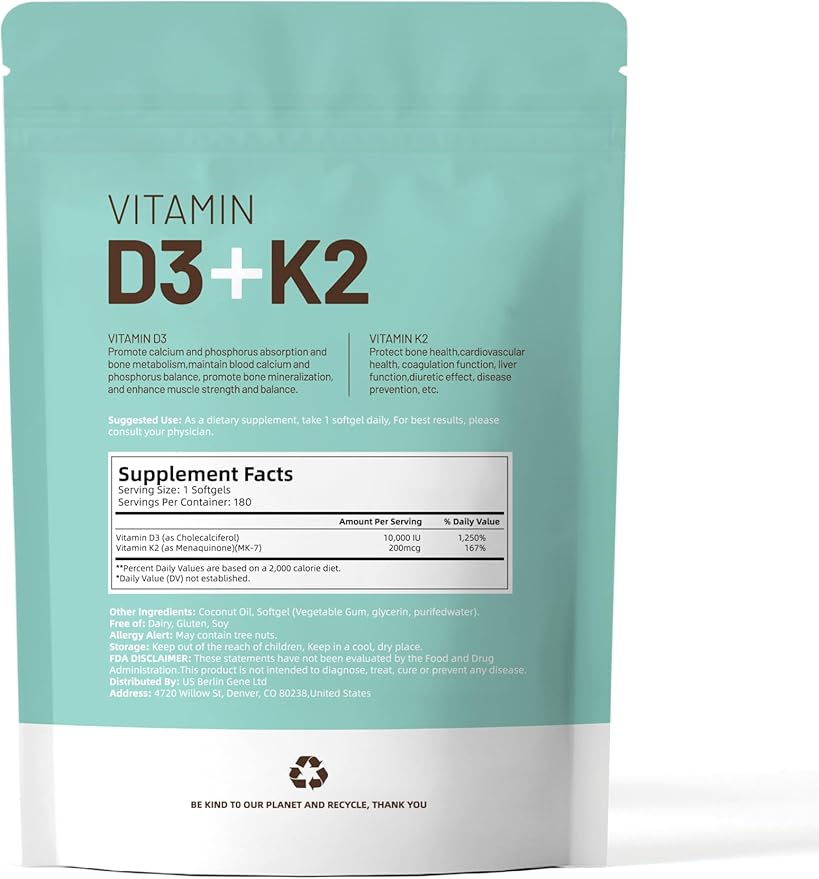 VivoNu Vitamin D3 K2 10000 IU with MK7-300 Virgin Coconut Oil Softgels, 2 in 1 Vitamins D & K Complex | Vitamina D3 con K2 ((180 capsules/1Bag))