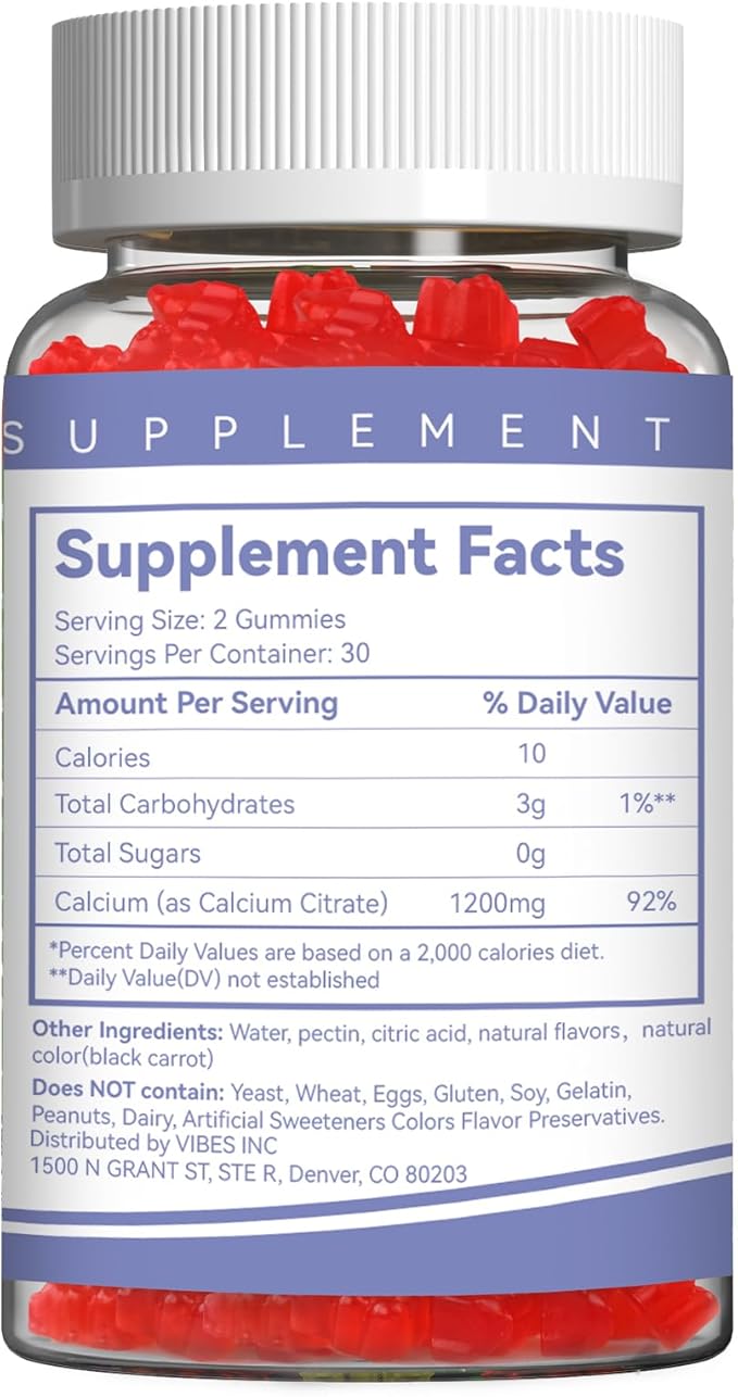 Calcium Citrate Gummies, Chewable 1200mg Calcium Gummies for Women & Men, Calcium Supplement for Muscle & Immune Support, High Absorption, Sugar Free, Mixed Berry Flavor, 60 Count