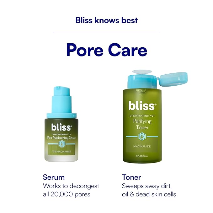 Bliss Disappearing Act Pore-Minimizing Serum – Niacinamide + Pore Vanish Complex with Green Tea – Refines Pores, Controls Oil & Targets Dark Spots for Smooth Glass Skin – 1 Fl Oz