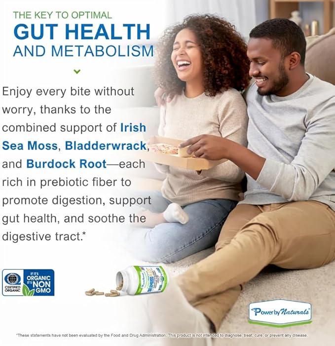 Power By Naturals Sea Moss Plus – USDA Organic Irish Sea Moss Capsules with Bladderwrack & Burdock Root – Immune Support for Adults – Vegan, Non-GMO, Gluten-Free – 60 Capsules (1-Month Supply)