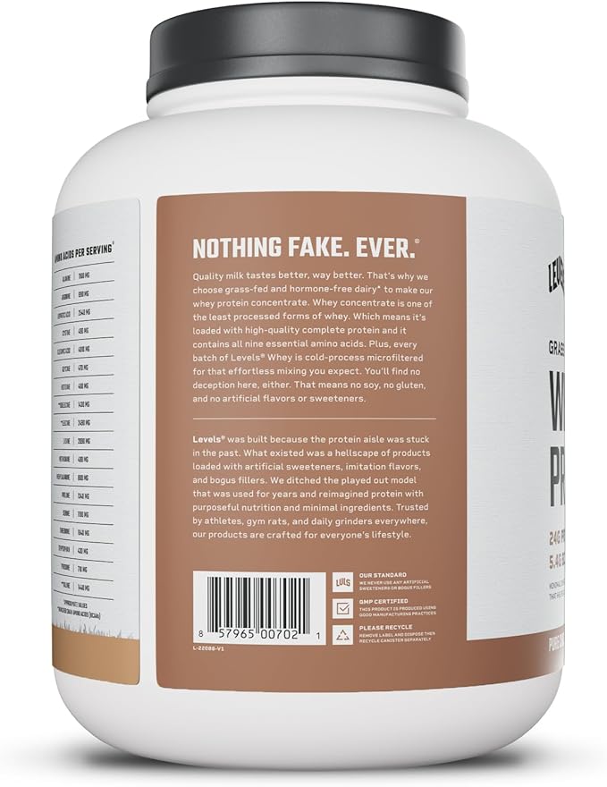 Levels Grass Fed Whey Protein Powder, No Artificials, 24G of Protein, Pure Chocolate, 5LB