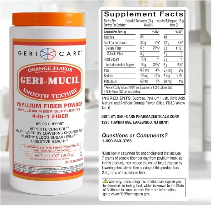 GeriCare Geri-Mucil Psyllium| 4-In-1 Orange-Flavor Psyllium Husk Powder| Daily Fiber Supplement| Sweetened Gluten-Free Fiber Drink Mix| Water-Soluble Husk Fiber Powder For Bowel Movement|13oz (2 Pack)