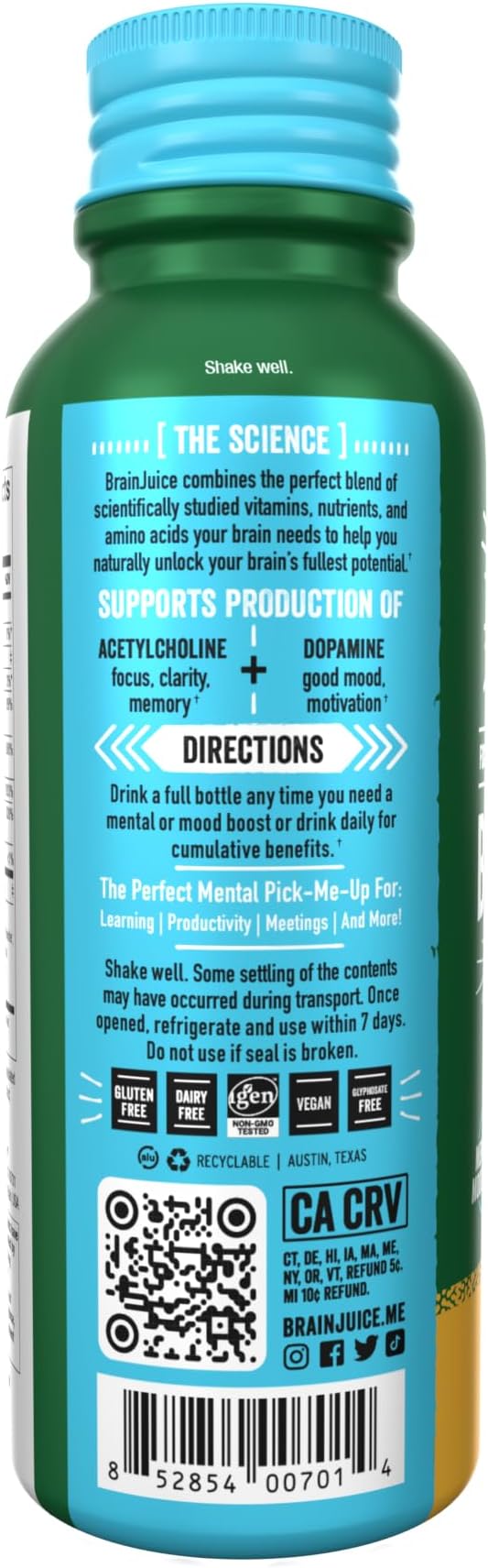 BrainJuice Decaf Brain Support Shot, Gluten Free Supplement Shots for Energy & Focus, Healthy Drinks with Alpha GPC, Vitamin B & Decaffeinated Green Tea Leaf, Peach Mango, 2.5 fl oz, 12 Pack