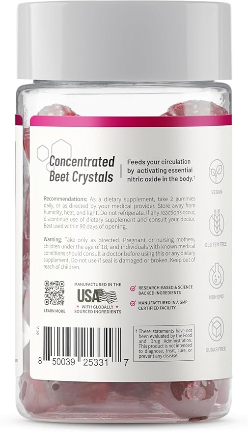 Snap Supplements Nitric Oxide Gummies - Beet Root Extract 300mg, Sugar Free Beetroot Supplement with Pomegranate Powder for Circulation & Natural Energy, 60 Vegan Gummies, Cherry Flavor