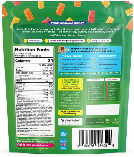 Drops Of Nature Mushroom Focus Gummies – Lions Mane Turkey Tail L-Theanine Choline Green Tea Extract – Vegan Mushroom Superfood Blend – with B-Vitamins B6 and B12 (Mixed Fruits, 75 Gummies)