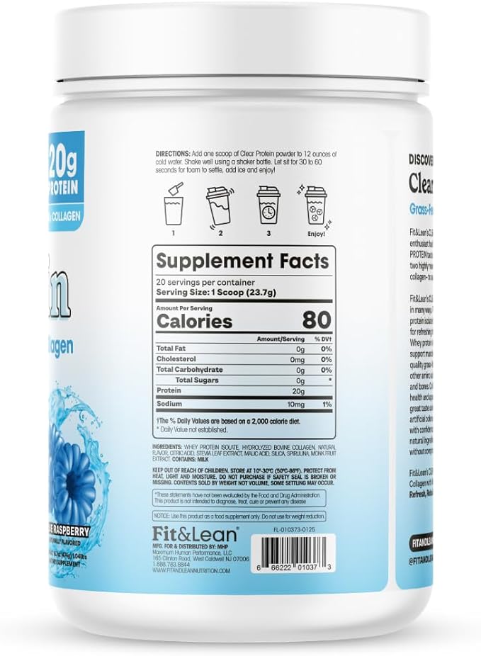 Fit & Lean Clear Protein Powder with Whey Isolate Protein and Collagen, Grass Fed, Muscle Recovery, Skin, Joints, GLP-1 Support, 0g Sugar, Blue Raspberry, 20 Servings