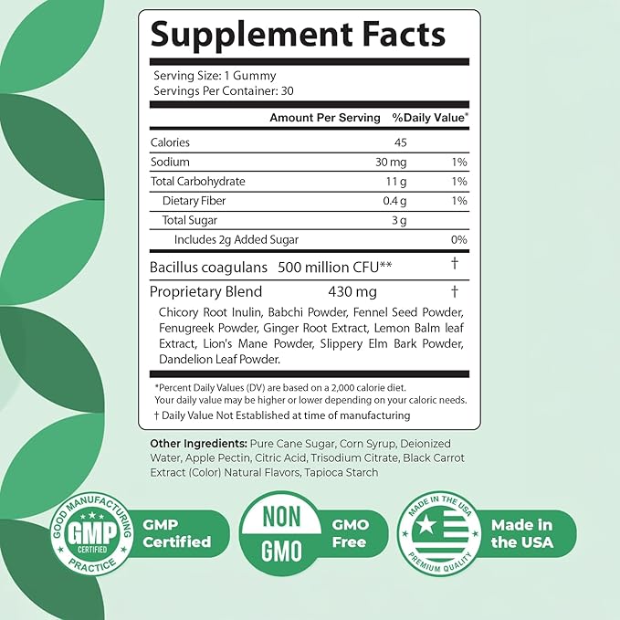 Sequente GutCore – Daily Probiotic & Botanical Gummy with Bacillus Coagulans, Chicory Root, Ginger, Lion’s Mane & Herbal Blend – Non-GMO, Stimulant-Free Formula –30 Gummies, 1 Month Supply