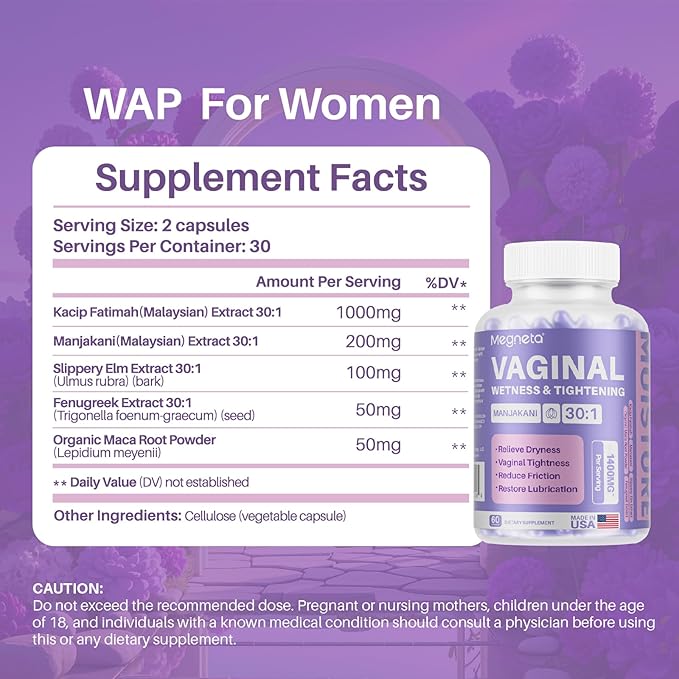 Vaginal Tightening Capsules for Women – Kacip Fatimah, Manjakani & Slippery Elm – Support Elasticity, pH Balance & Intimate Dryness Relief – 60 Vegan Capsules
