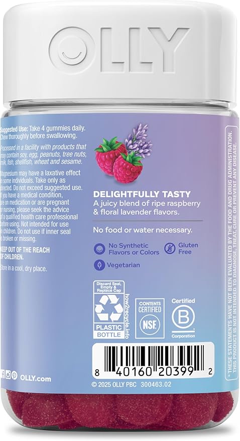 OLLY Relaxing Magnesium Gummies, Supports Muscle Relaxation,* Magnesium Citrate, Raspberry Lavender Flavored, 30 Day Supply - 120 Count