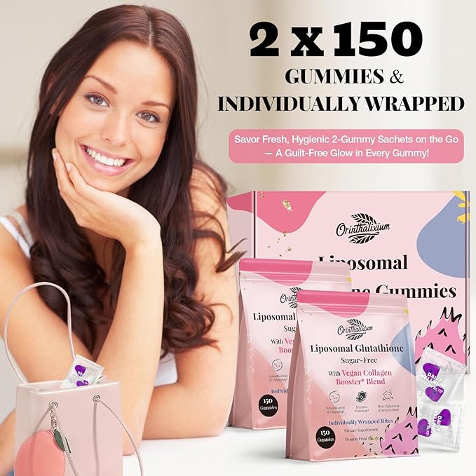 Orinthalixium Liposomal Glutathione Gummies 1000MG - Sugar Free Reduced L-Glutathione with Vitamin C & Vegan Collagen - Antioxidant & Skin Wellness - 300 Count (2 Pack)