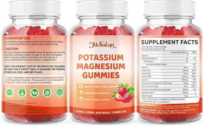 Potassium Magnesium Gummies – High Absorption Magnesium Glycinate – Magnesium Potassium Supplement Gummies with Vitamin B6, D3, B12 for Muscle Support, Sugar-Free Strawberry Flavor, 60 Count
