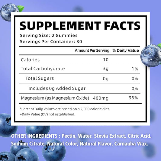 Magnesium Oxide Gummies 400mg, Sugar Free Magnesium Oxide Supplement for Adults & Kids, Muscle Support & Energy Boost, Non GMO, Blueberry Flavor 60 Count