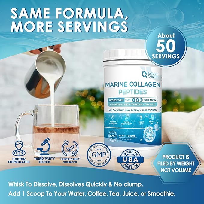 NATURE TARGET Marine Collagen Powder for Women - Multi Collagen Peptides with Hyaluronic Acid & Vitamin C for Hair, Skin, Nails & Joints - Wild-Caught Fish & Grass-Fed Bovine, 50 Servings