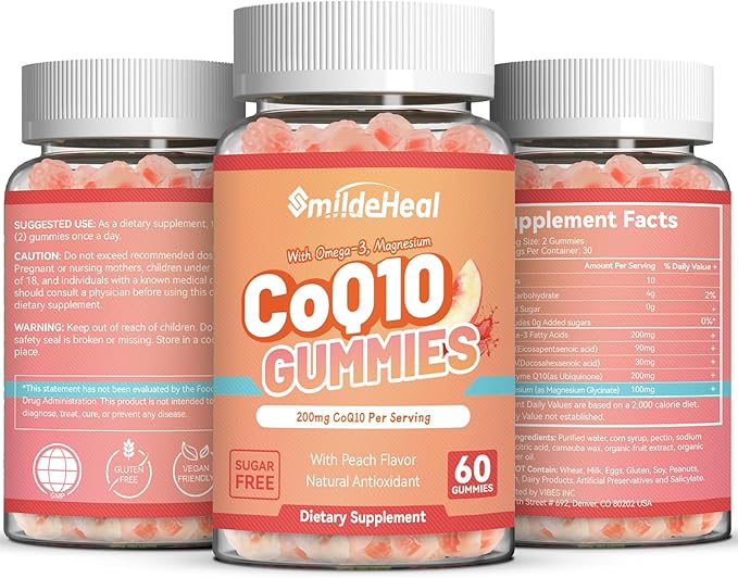 CoQ10 Gummies 200 MG, with Omega-3, EPA + DHA, & Magnesium - Coenzyme Q10 Supplements for Hear-t Health, Cellular Energy & Antioxidant, Vegan - 120 Counts