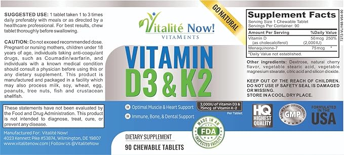 Vitalité Now! Best Vitamin D3 2000 IU + K2 - Optimized Absorption in Best Form MK7 for Lung Health, Strong Bones & Healthy Heart - All Natural - Cherry Flavor - 90 Chewable Tablets - 3 Month Supply!