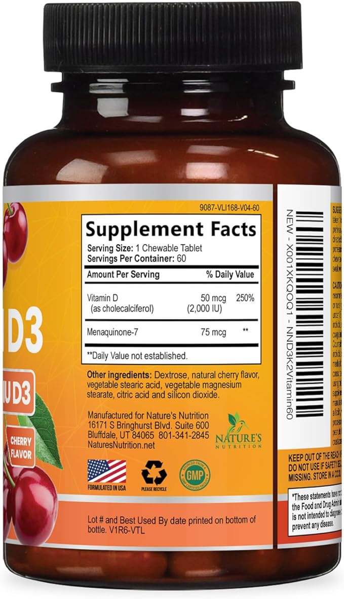 Vitamin D 2000 IU 50mcg Per Tablet - Vitamins D3 & K2 (MK7) Complex Supplement for Bone, Teeth, Muscle, Calcium Absorption, Supports Immune & Heart Health, Chewable Formula USA Bottled - 60 Tablets