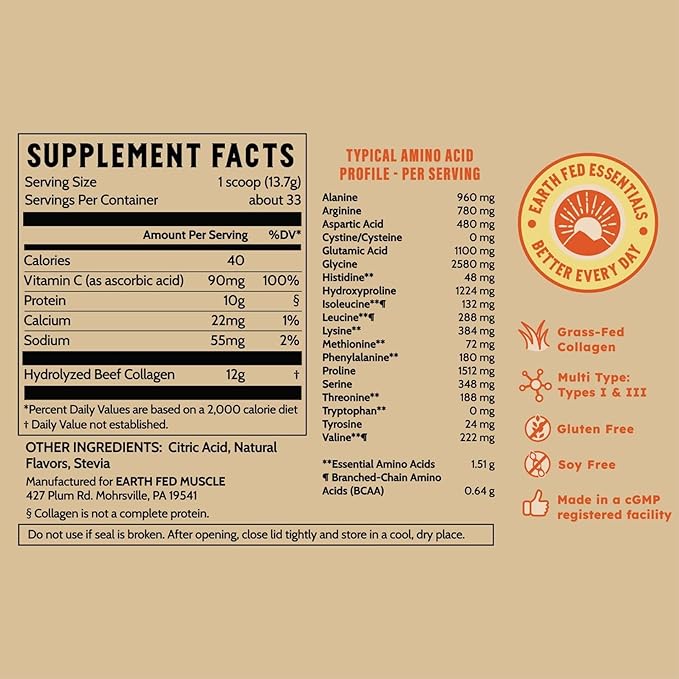 Earth Fed Muscle Lemonade Collagen Powder – Grass Fed Hydrolyzed Collagen for Women & Men - Healthy Bones, Skin & Hair - Types 1 & 3 Collagen Powder, 12g Per Serving, 33 Servings