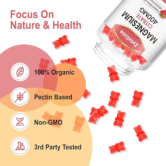Magnesium Citrate Gummies 400MG, High Absorption Magnesium Gummies for Adults, Muscle & Teeth Support, Vegan 60 Cts