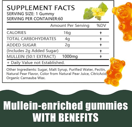 Mullein Gummies, Daily Respiratory Health Gummies,1000mg Mullein Leaf herb Extract, Pear Flavor, Lung Health & Sinus Relief (30 Day Supply)