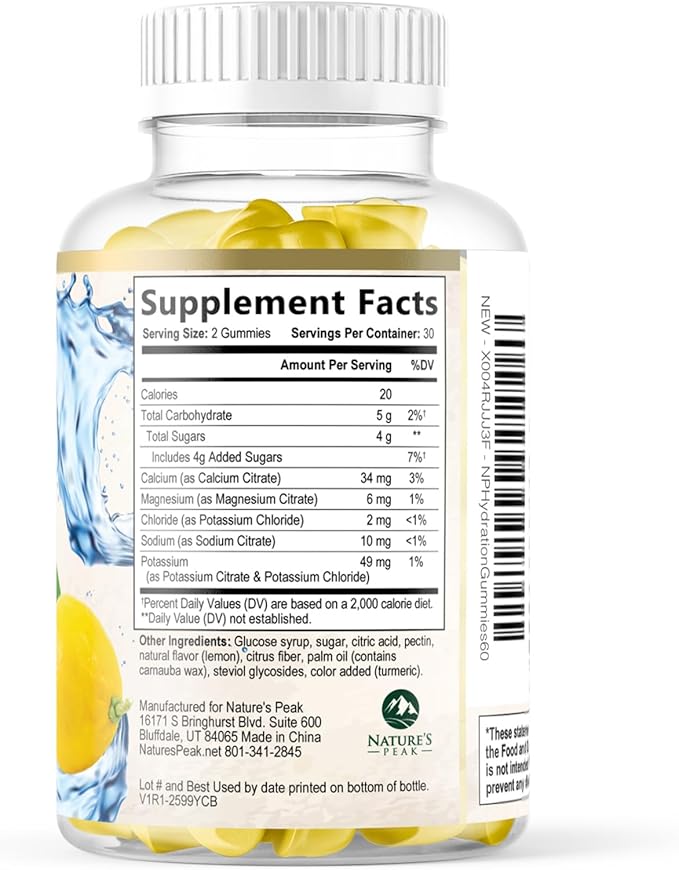 Hydration Electrolyte Gummies - Daily Liquid Replenisher Gummy - Electrolyte Multiplier with Minerals, Potassium & Real Salt - Vegan, Non-GMO - Tasty Lemon Flavor Hydration Electrolytes - 60 Gummies