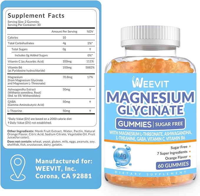Sugar-Free Magnesium Glycinate Gummies with L-Threonate, Magnesium Supplements for Women and Men with Ashwagandha, L-Theanine, GABA, Vitamin C, B6