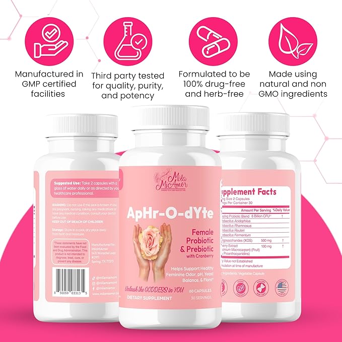 Mila Miamor ApHr-O-dYte Women’s Probiotic and Prebiotic with Cranberry - Gluten-Free, Non-GMO Supplement for Feminine Health, pH Balance, Odor Control, Urinary Tract - 60 Capsules